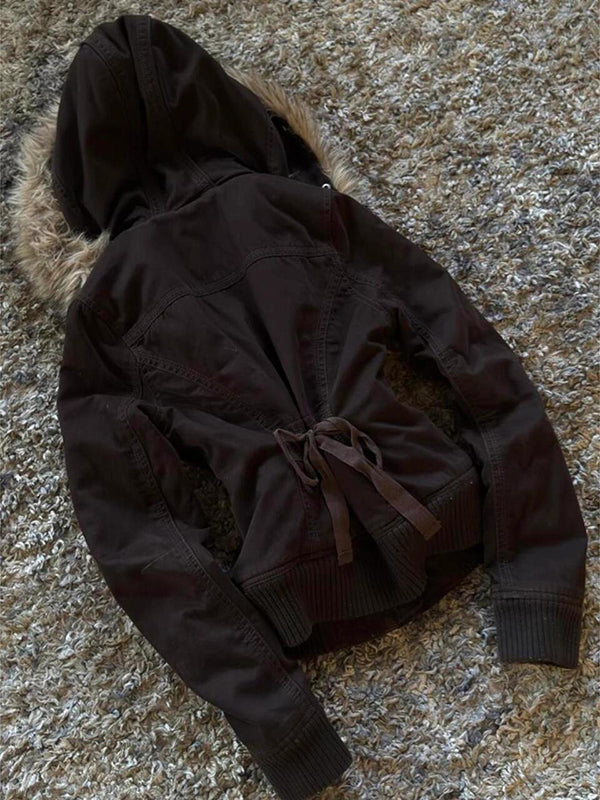 retro brown hooded fur collar jacket