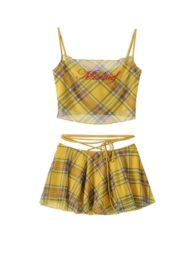 Y2K Plaid Embroidered Letters Skirt Coord