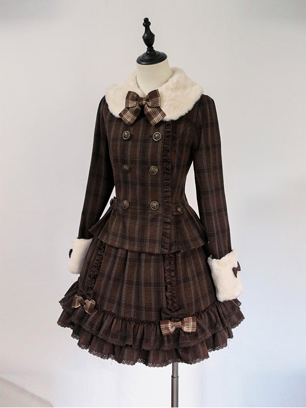 retro brown plaid lolita coat + skirt