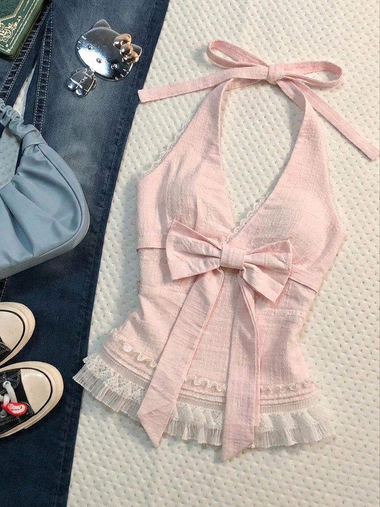 coquette lace bow halter top