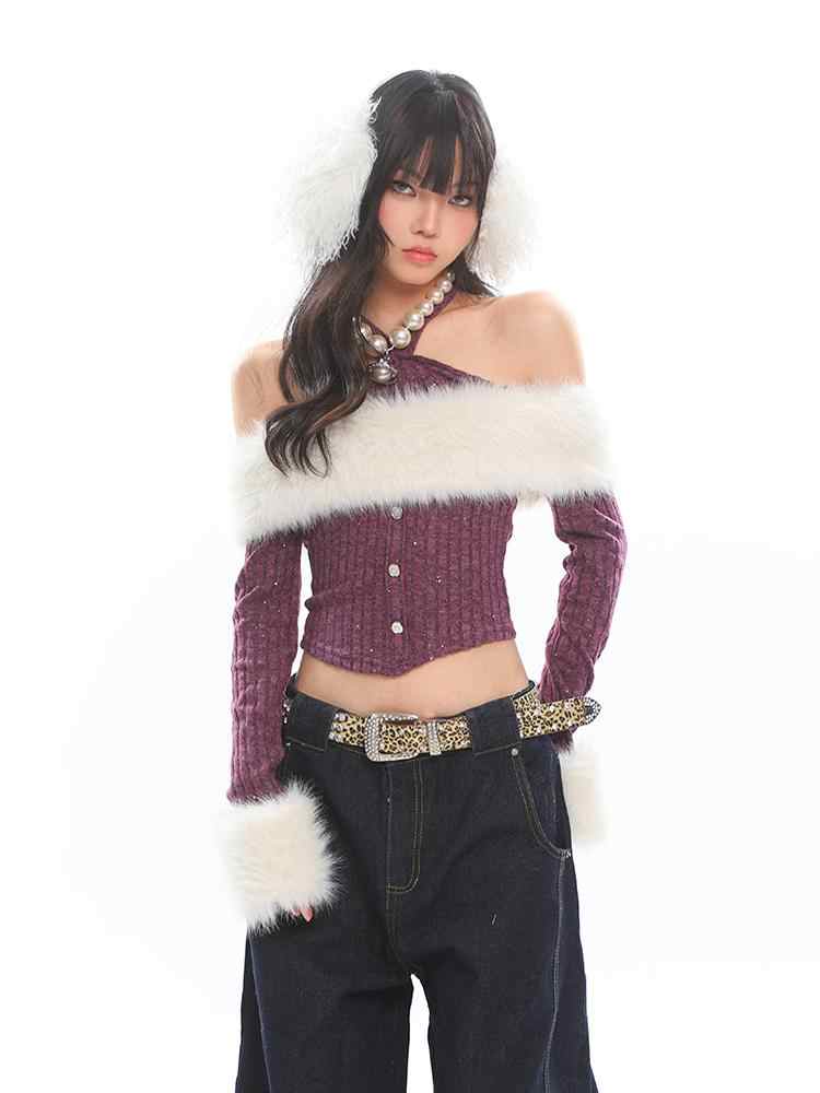 Fur Collar Off-shoulder Knitted Sweater