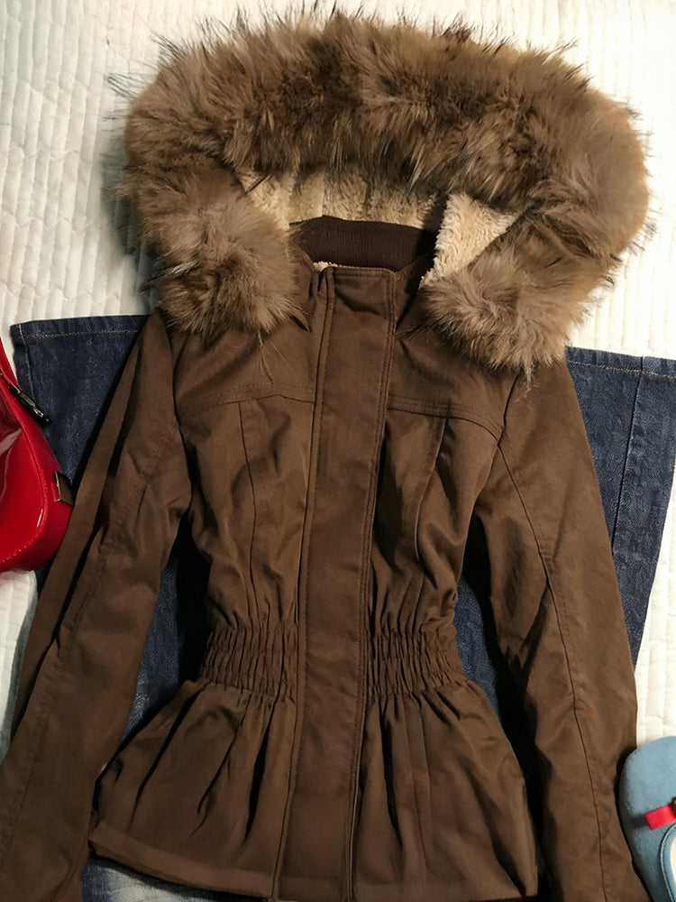 brown retro fur collar hooded waist slimming velvet overcoat