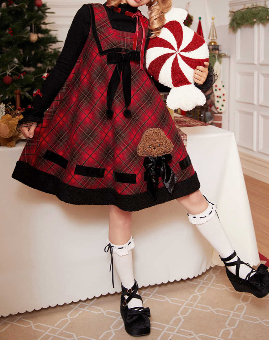 Red Plaid Teddy Dog Embroidered Dress