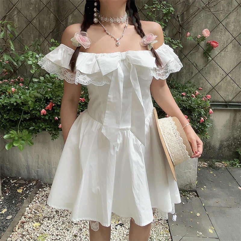 One-shoulder Lace Bow Fairy Dress