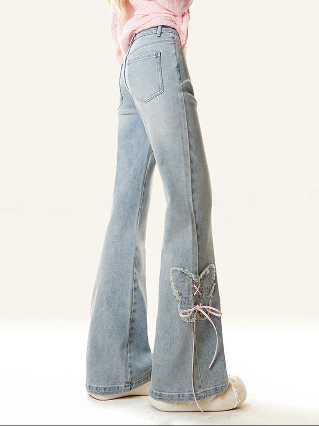 Coquette Butterfly Embroidery Micro-flared Jeans