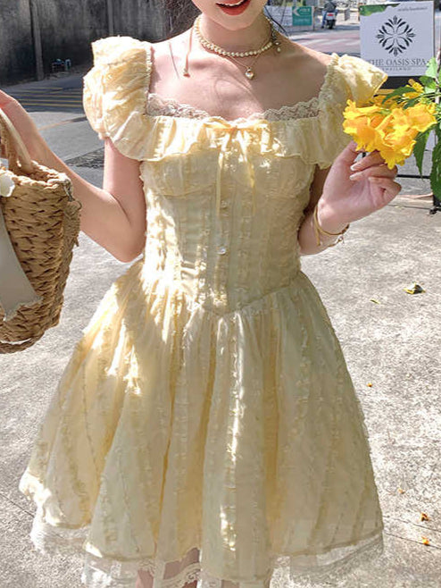 Yellow Square Neck Puff Sleeve Dress