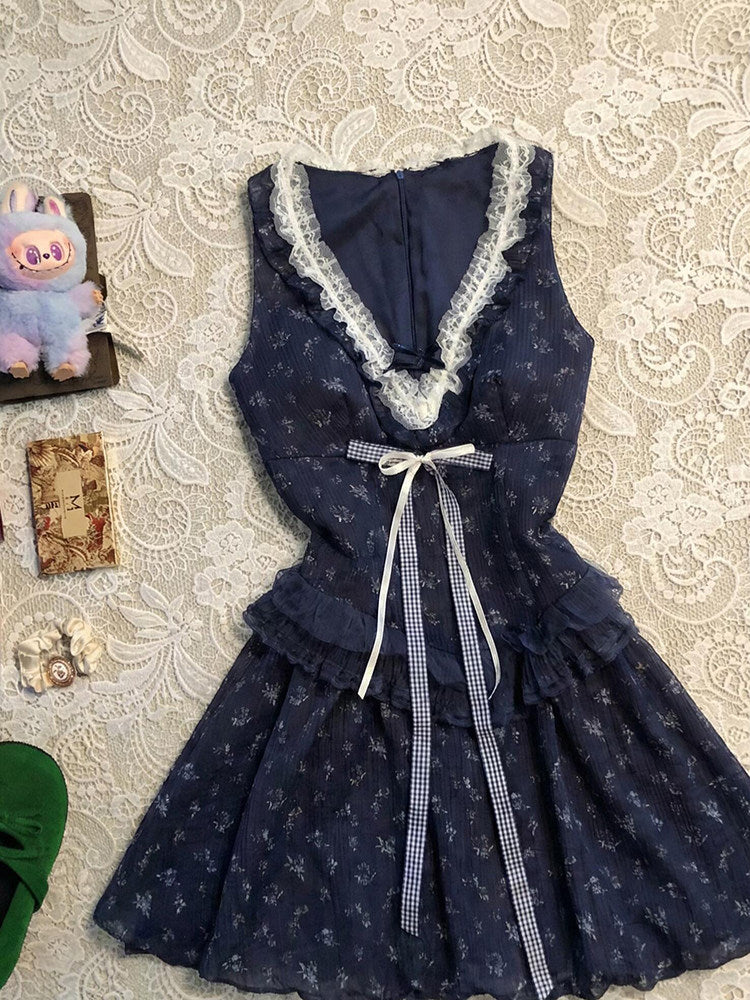 floral v-neck navy lace dress