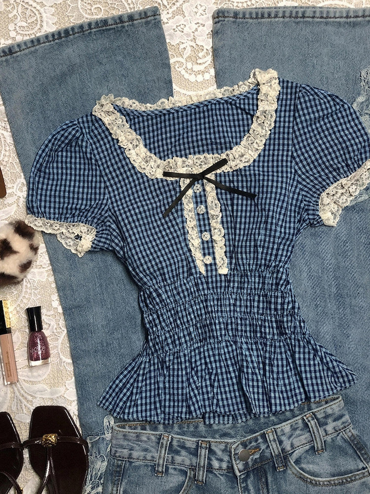 blue plaid puff-sleeved shirt