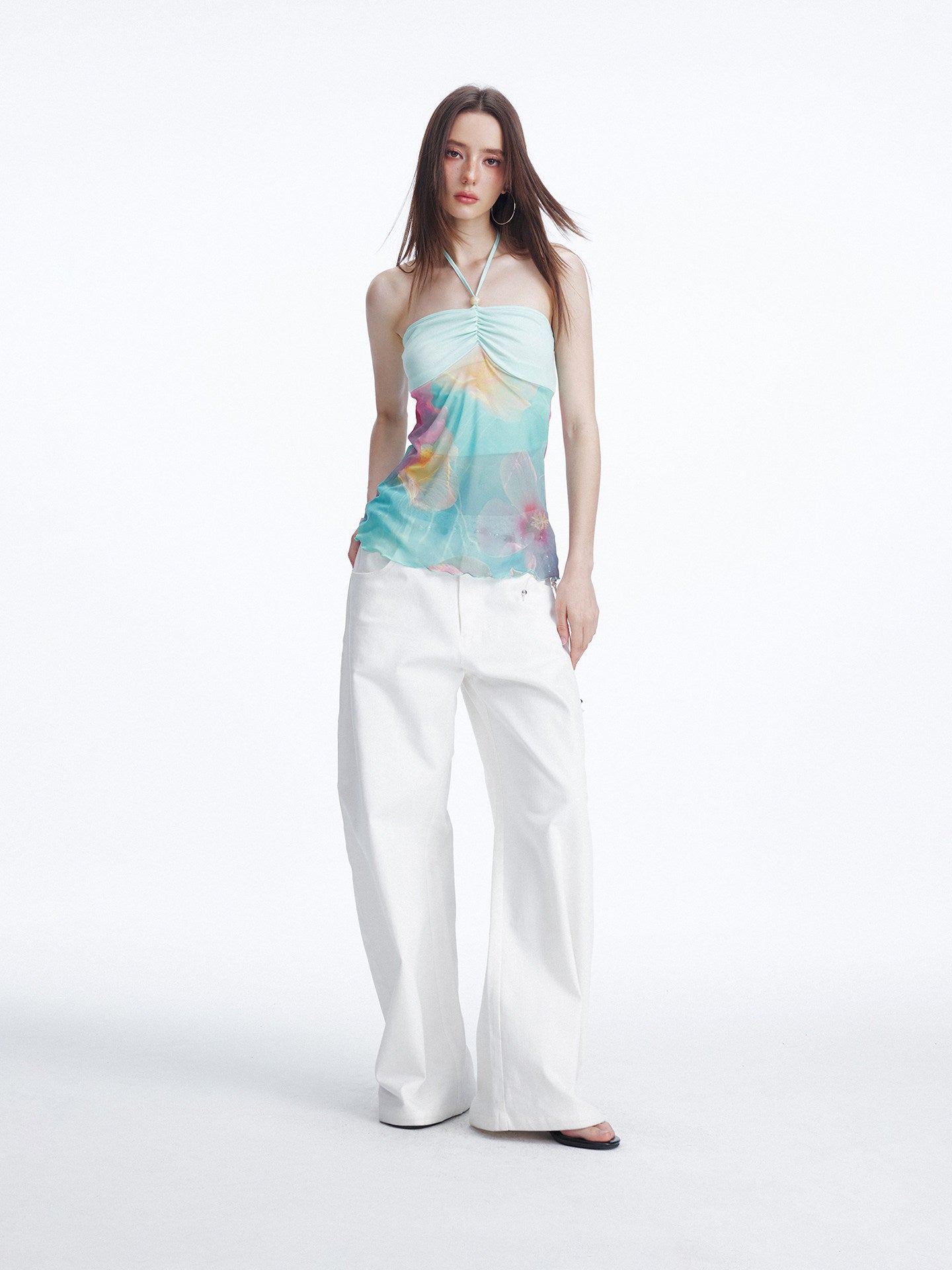 Beaded Shirring Bustier Printed Halter Top