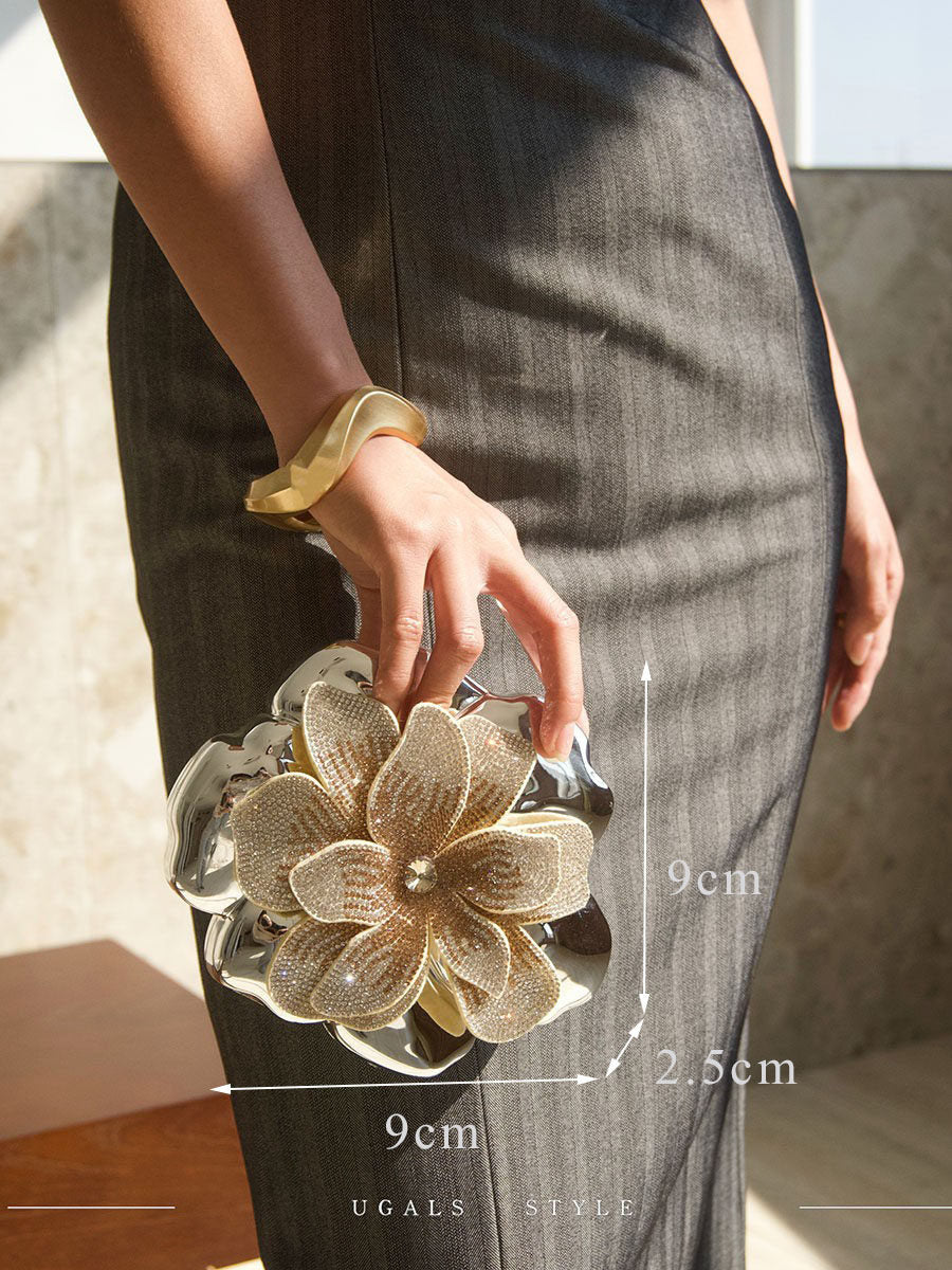 French-style Gold Rhinestone Flower Crossbody Bag