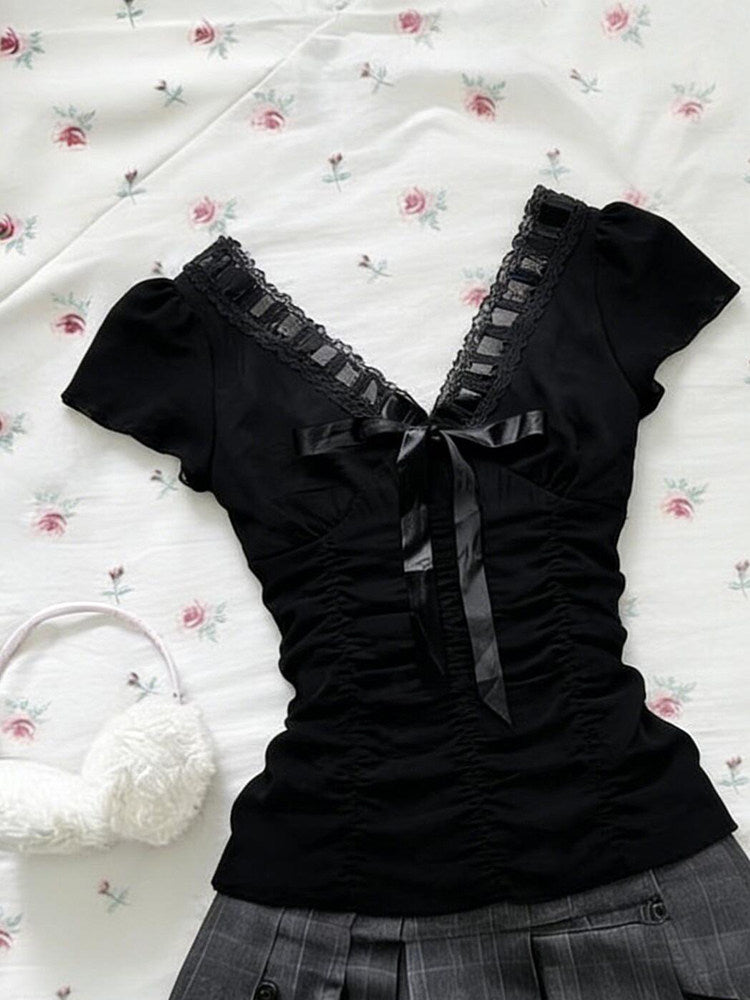 dark coquette bow lace shirt