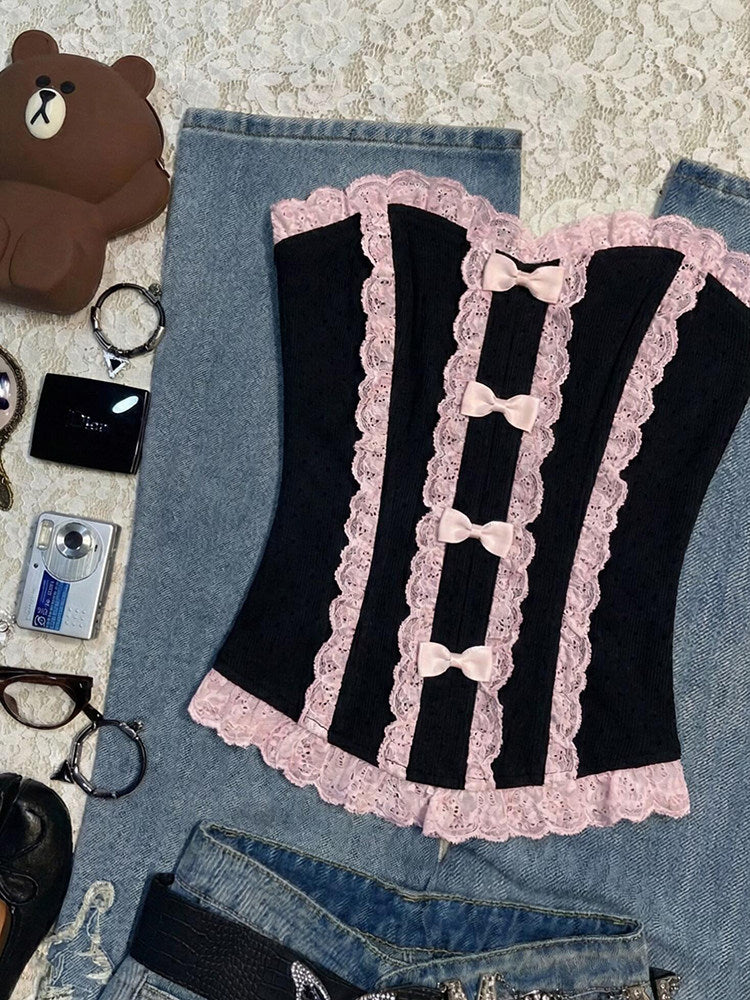 pink lace bow black crop top