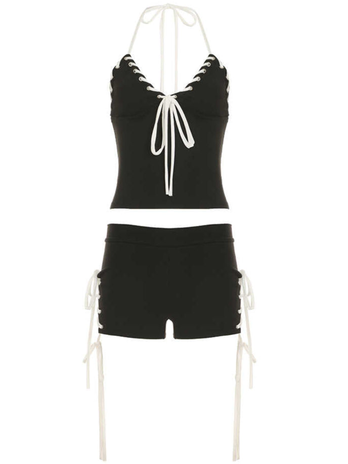 Strap Bow Sporty V-neck Vest Coord