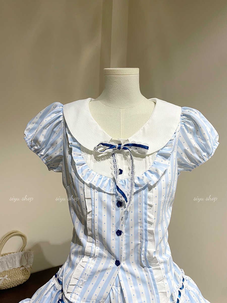 Retro Striped Bow Top Cake Skirt Suit