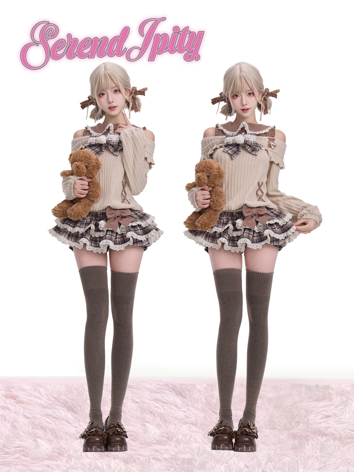 brown plaid bow kawaii jumper