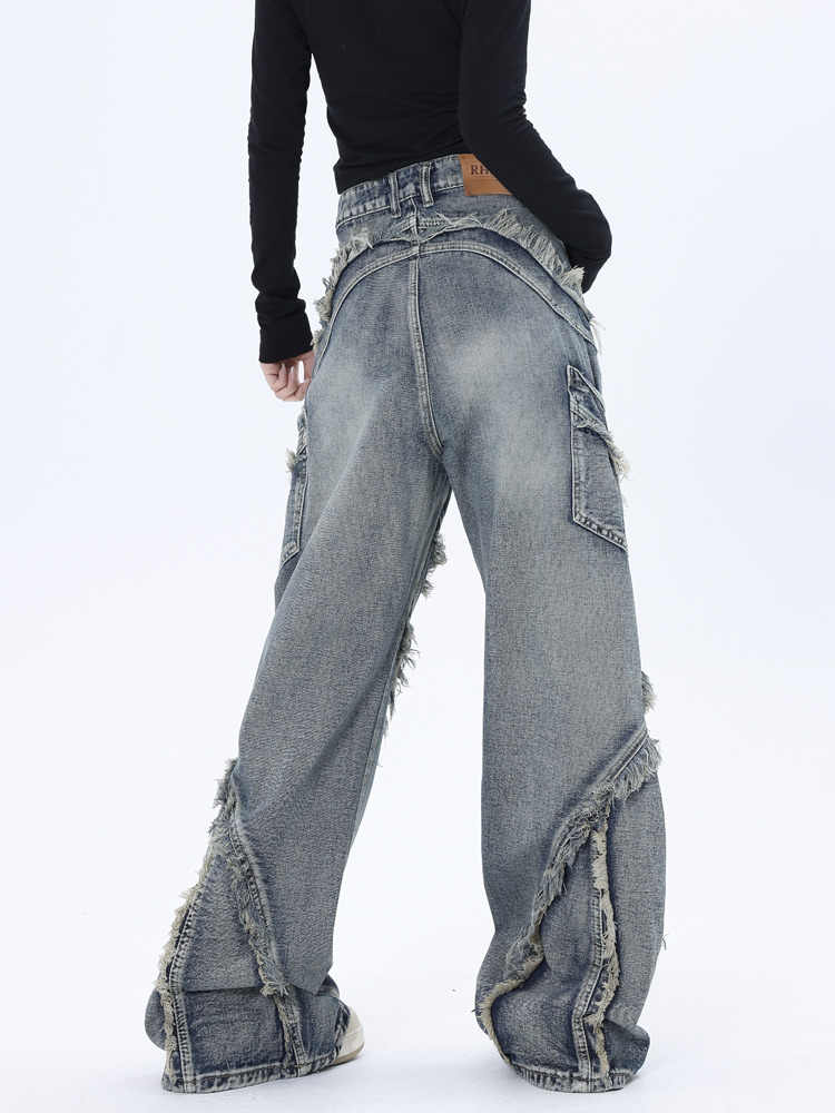 Grunge Splicing Raw Edge Baggy Jeans