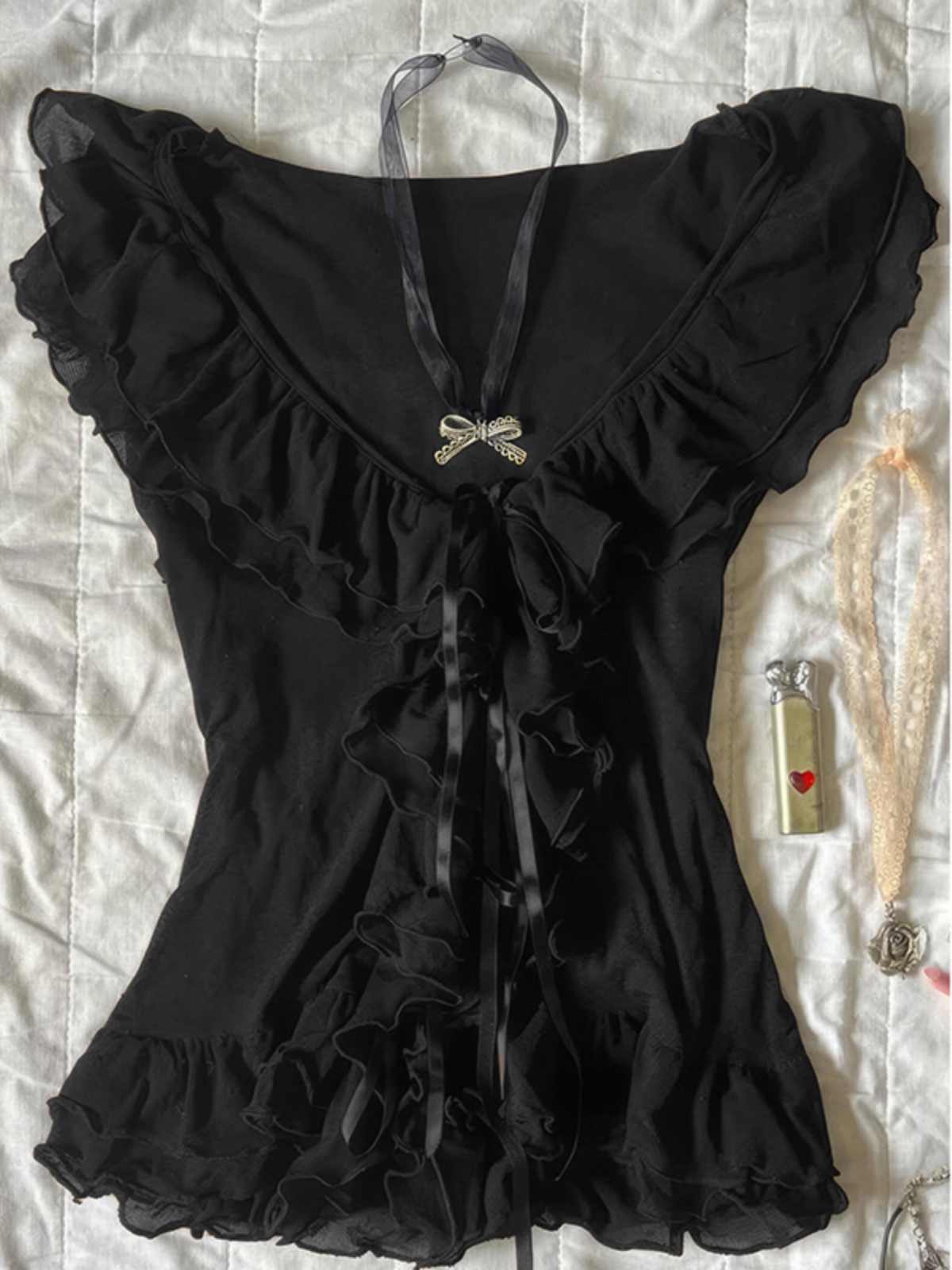 Black Bow Tie V-neck Top