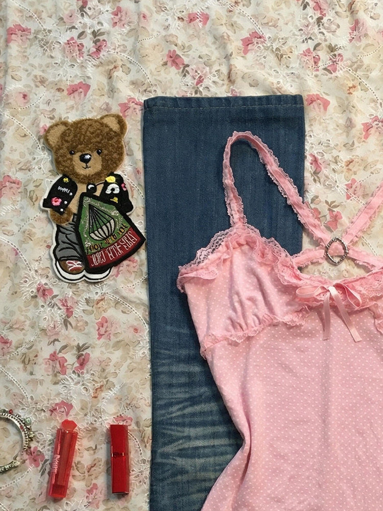 pink lace straps tank top