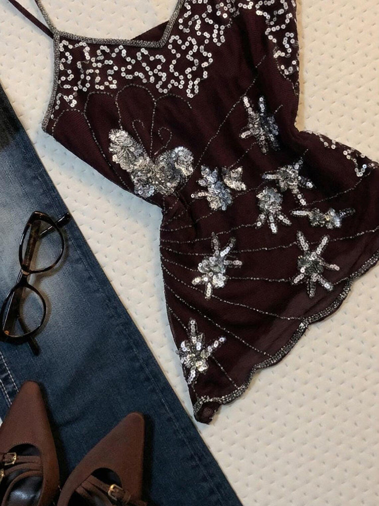 Vintage Brown Rhinestone Sequin Halter Top