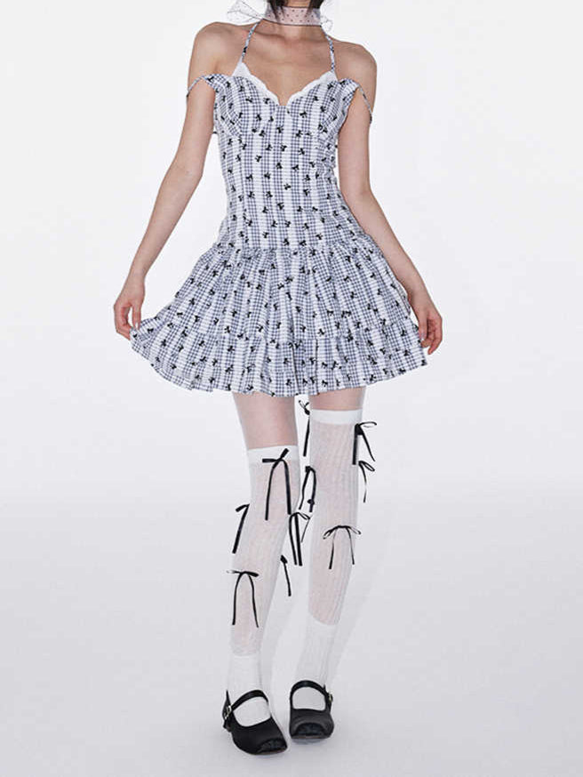 Bows Plaid Double-layer Suspender Puffy Dress