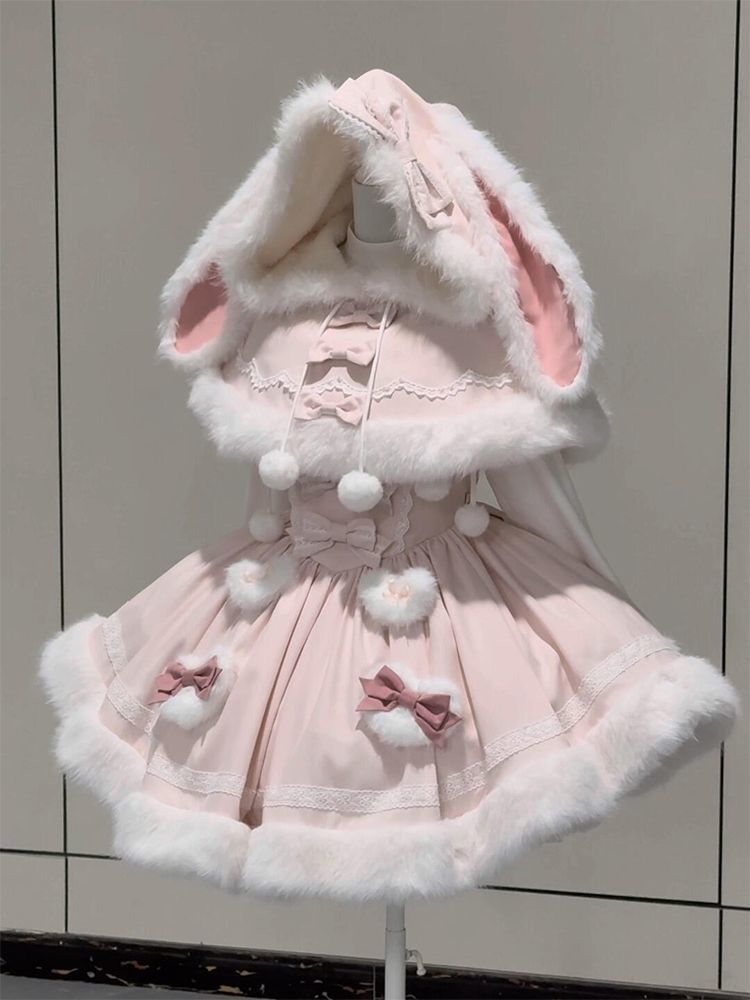 cute pink fur rabbit ears kawaii coat suit