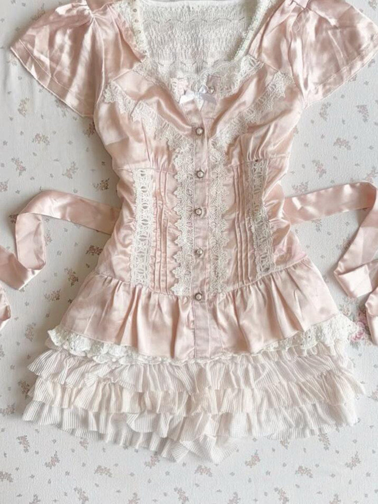 French Vintage Lace Panel V-Neck Puff Sleeve Cinched Waist Blouse
