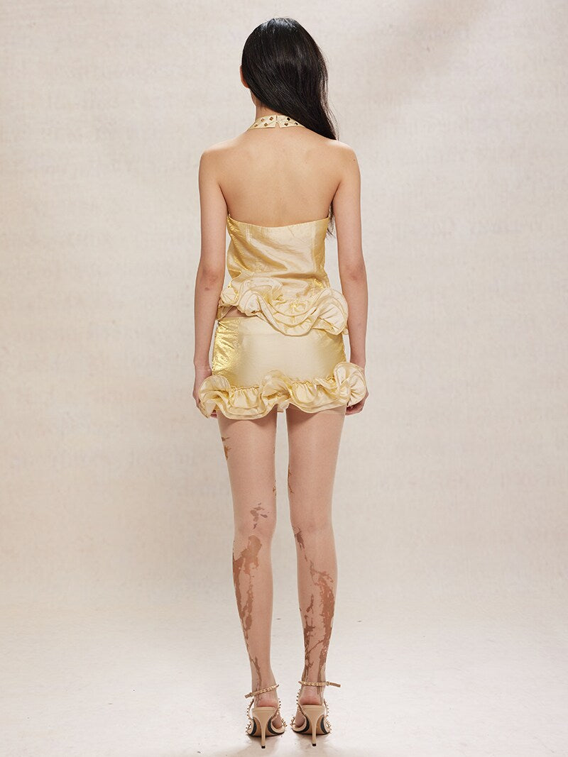 Floral Lace Neckline Light Yellow Halter Neck Set
