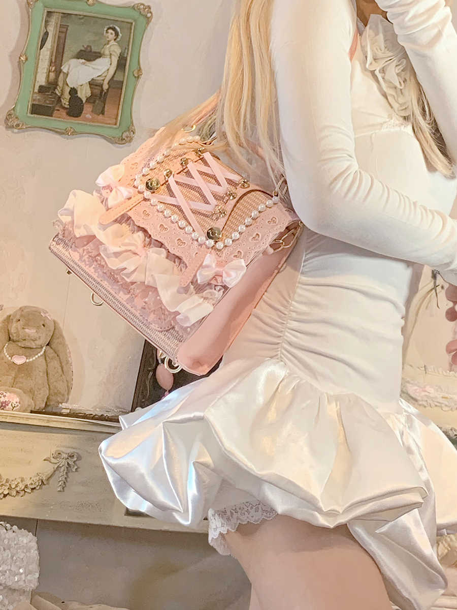 Bow Pearl Ribbon Straw Backpack