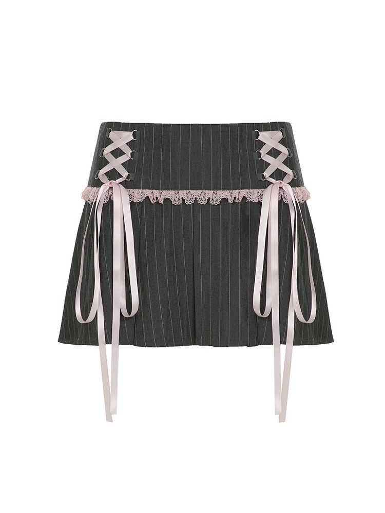 Bow Straps Striped Pleated Skirt