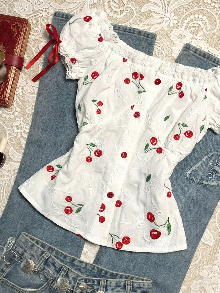 cherries puff-sleeved shirt