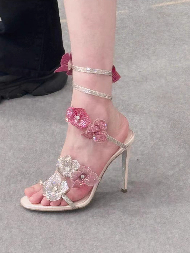Rhinestone Snake-Wrap Floral High Heels