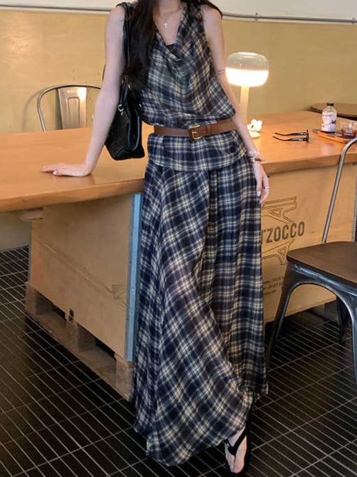 Retro Plaid Collar Camisole + Skirt Suit