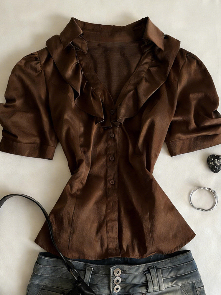 brown ruffled retro shirt