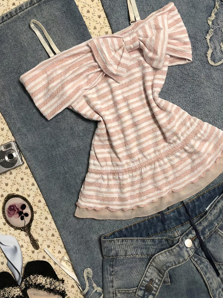 Pink Striped Sweet Off-Shoulder Top