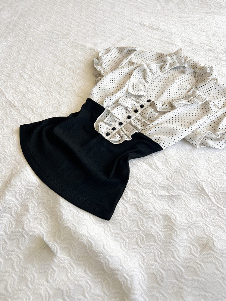 polka dots ruffled v-neck shirt