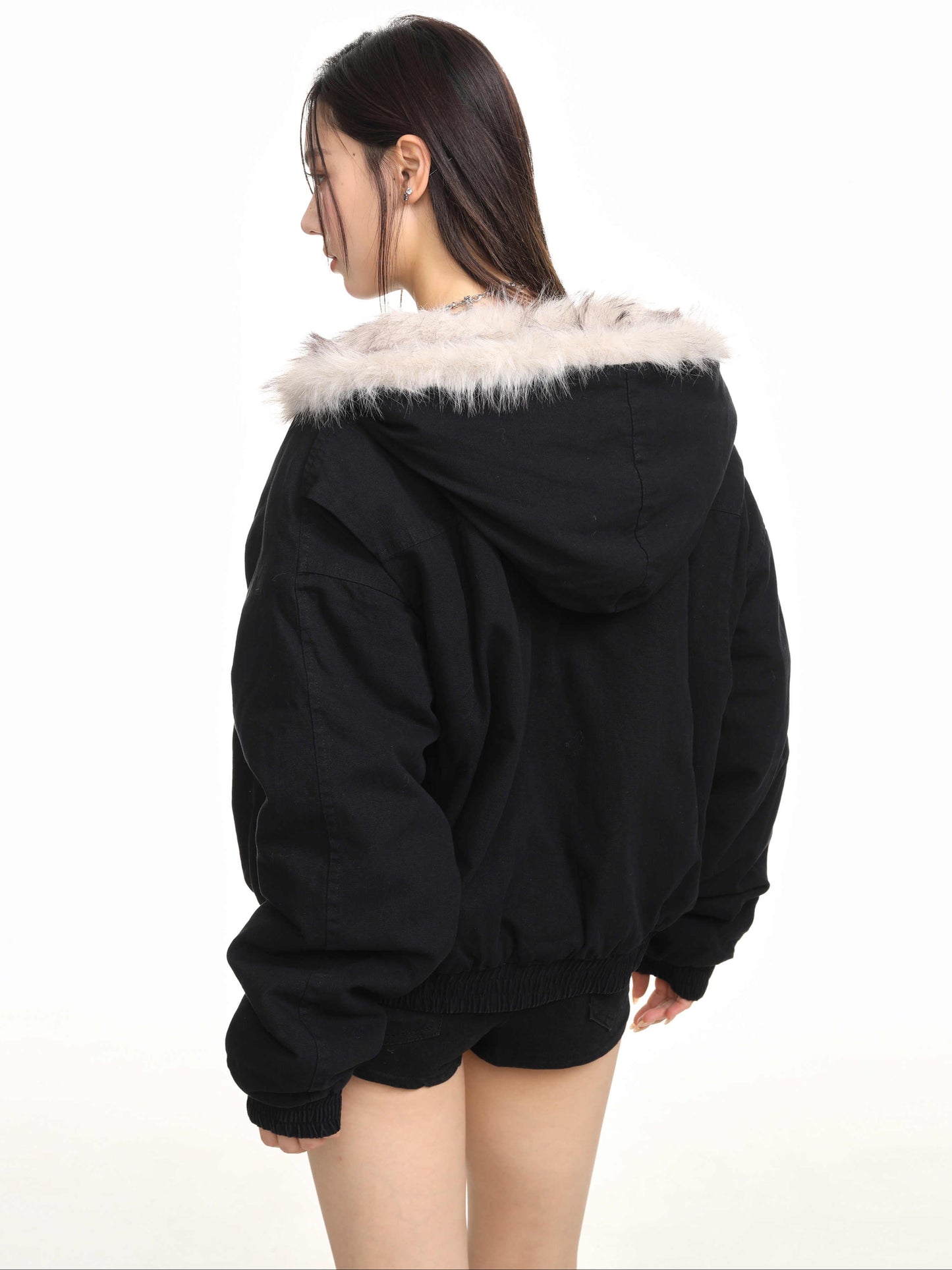 Retro Furry Fur Collar Hooded Jacket