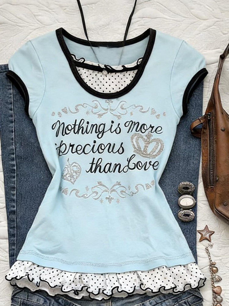 retro polka dot trim letters shirt