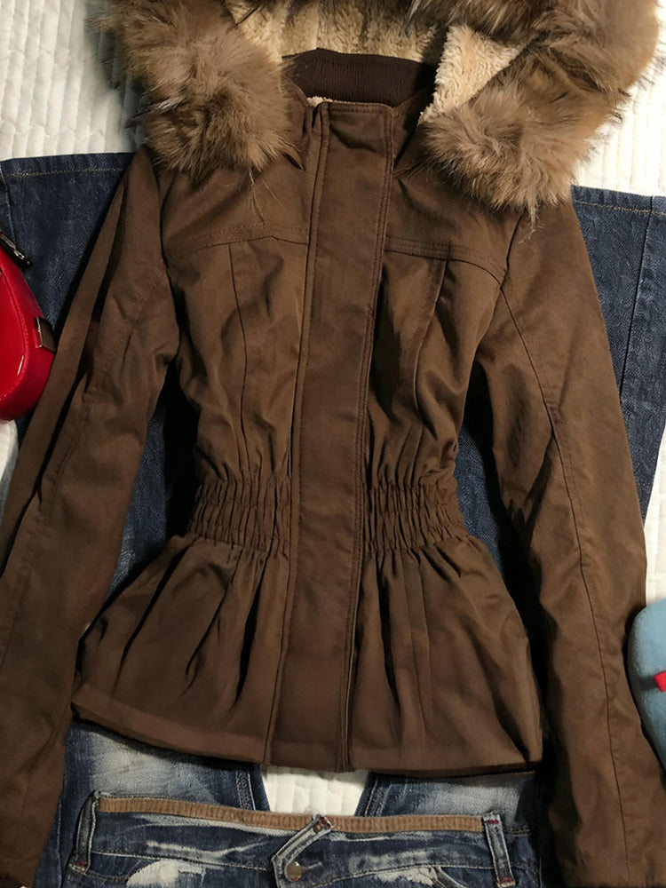 brown retro fur collar hooded waist slimming velvet overcoat