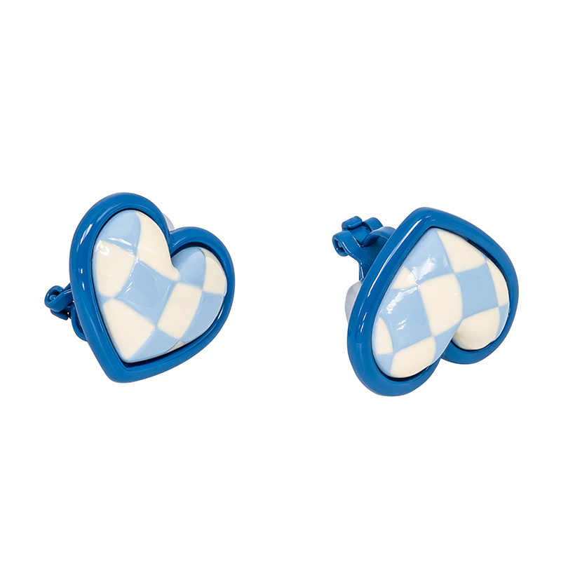 Y2K Blue Checkerboard Heart Ear Clips