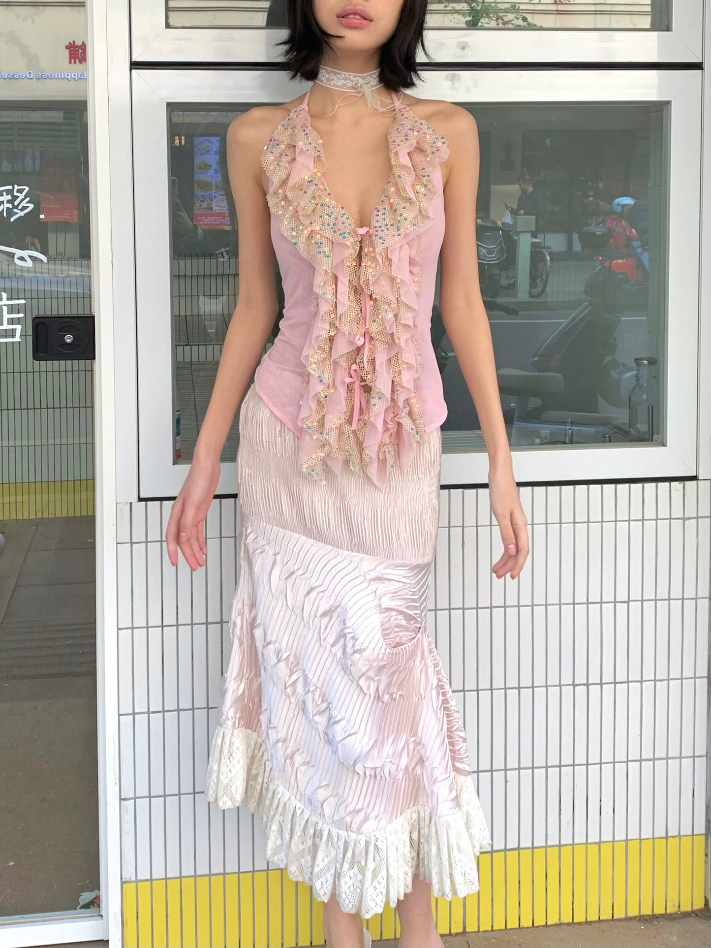 Sequin Ruffle Halter Neck Camisole Top
