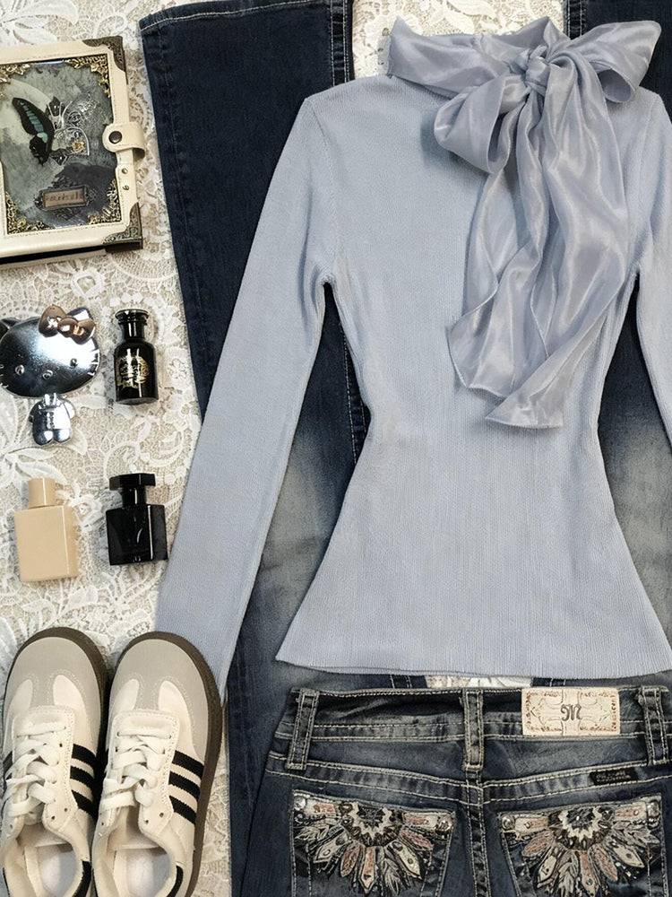 retro blue ribbon long-sleeved shirt