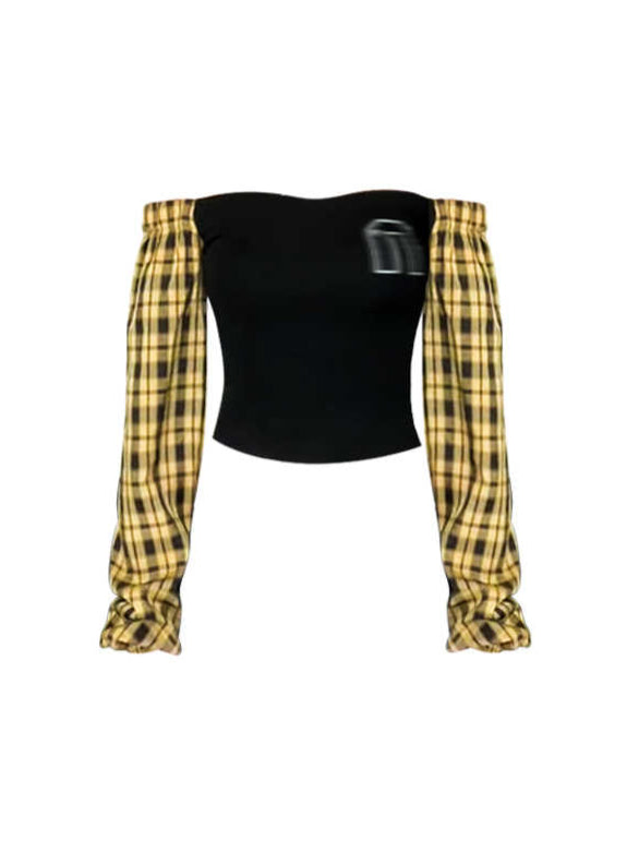 Y2K Plaid Off The Shoulder Long-sleeved Top