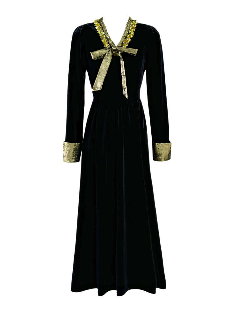 Gold Green Ribbon Velvet Dark Coquette Dress