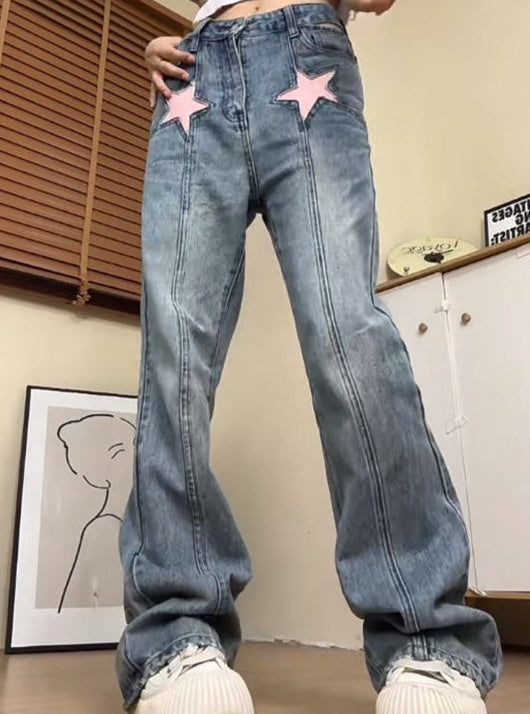 Y2K Retro Pink Star Embroidered Jeans