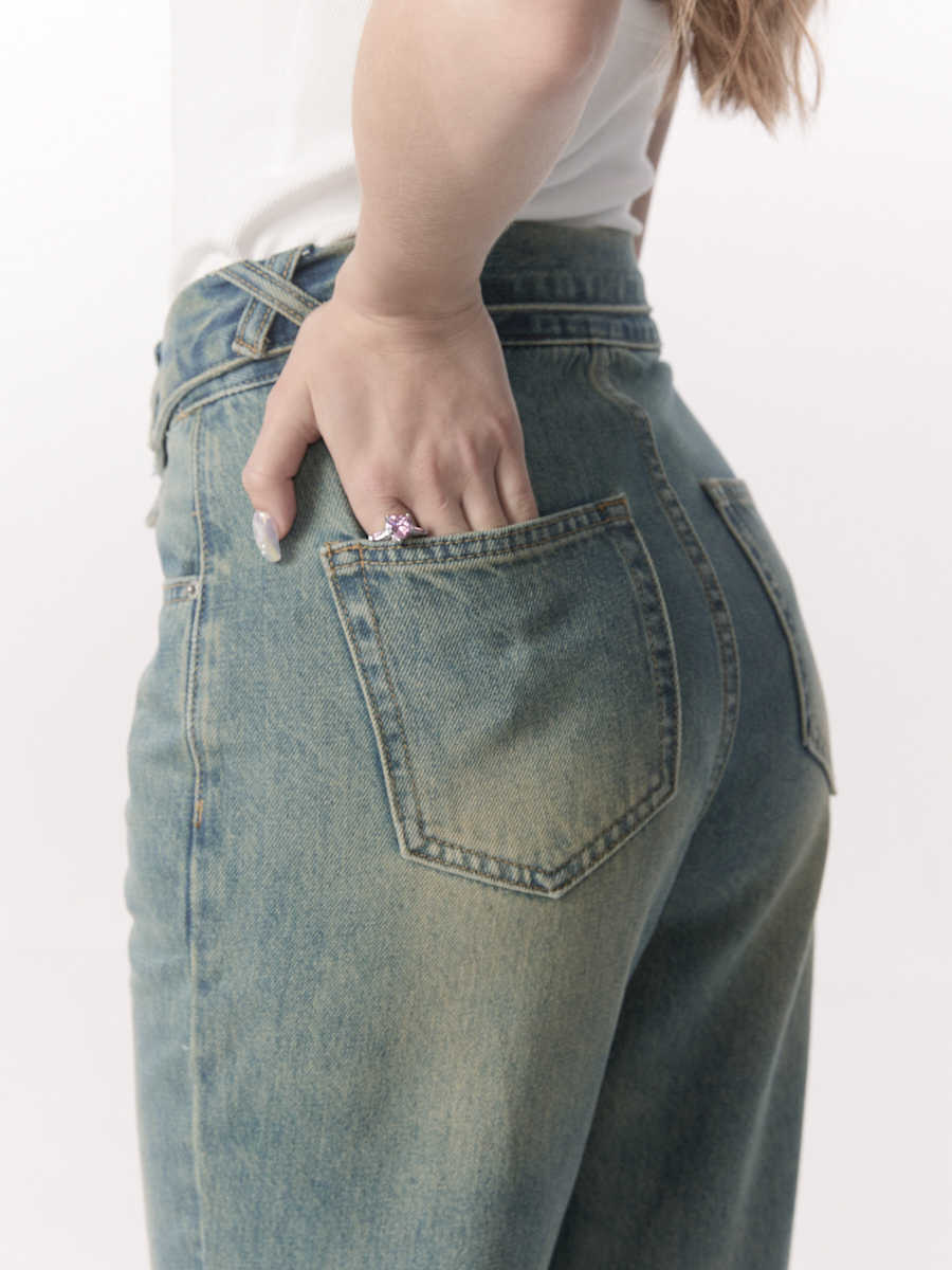 Retro Washed Straight Wide-leg Jeans