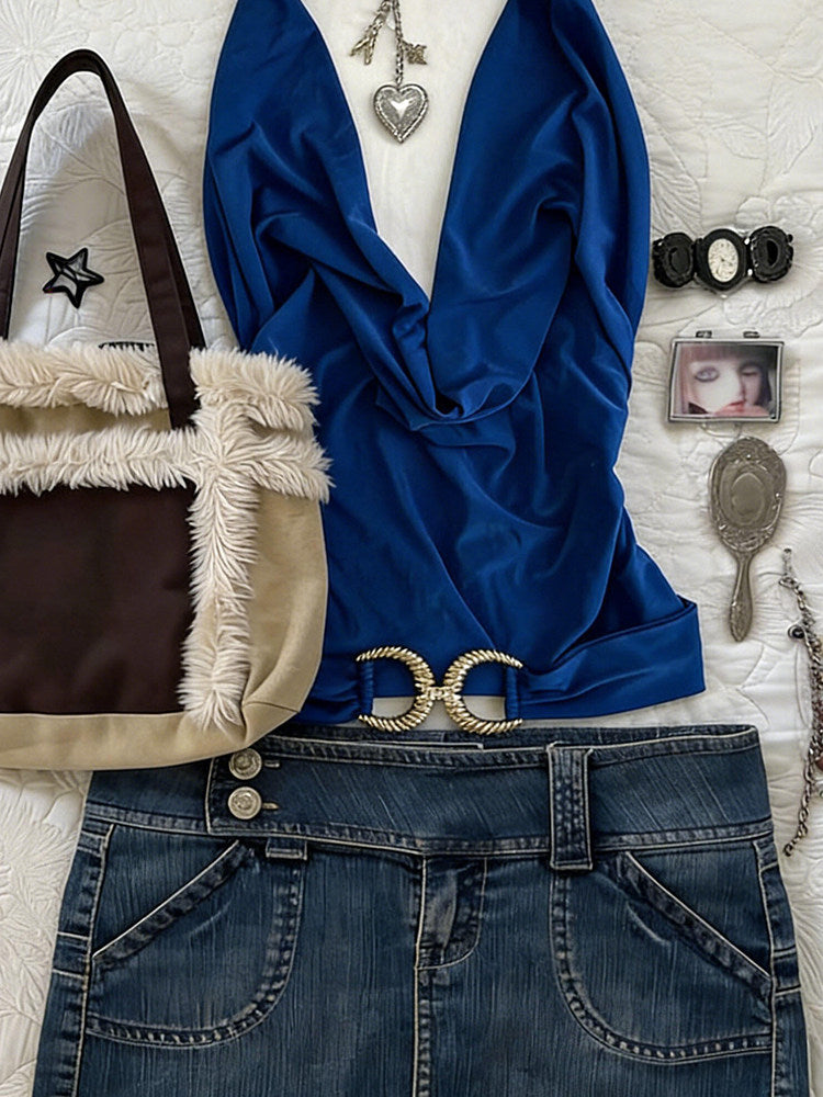 retro blue halter-neck top