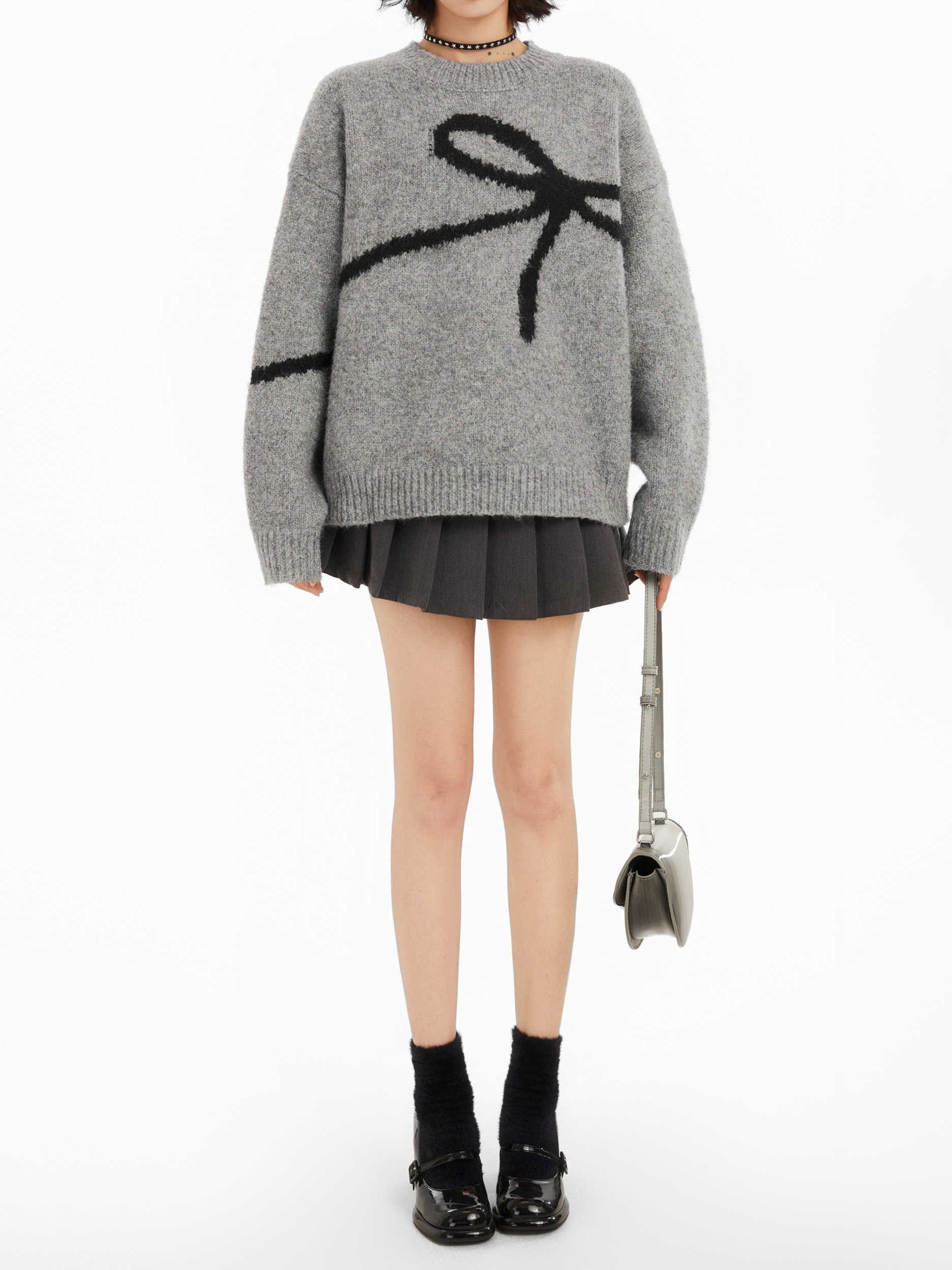 Acubi Gray Bow Round Neck Sweater