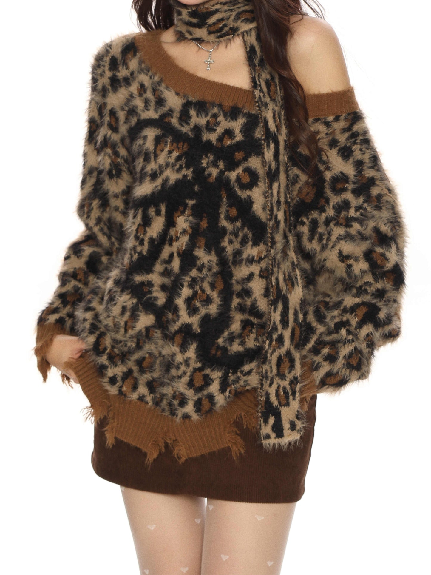 Off-shoulder Leopard Bow Y2K Sweater