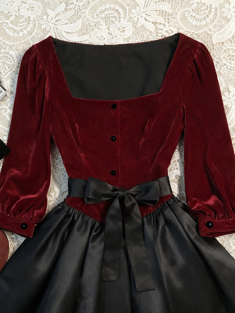 red retro elegant square neck dress