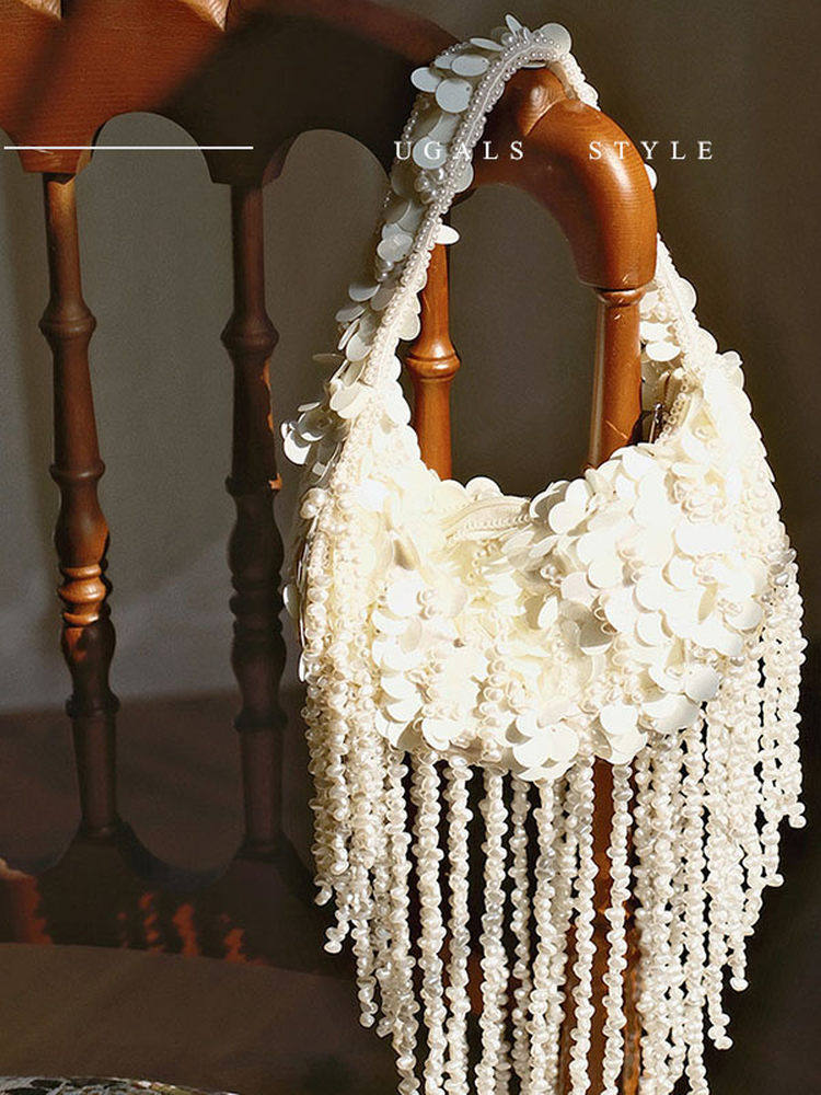 French woven pearl tassel underarm clutch bag